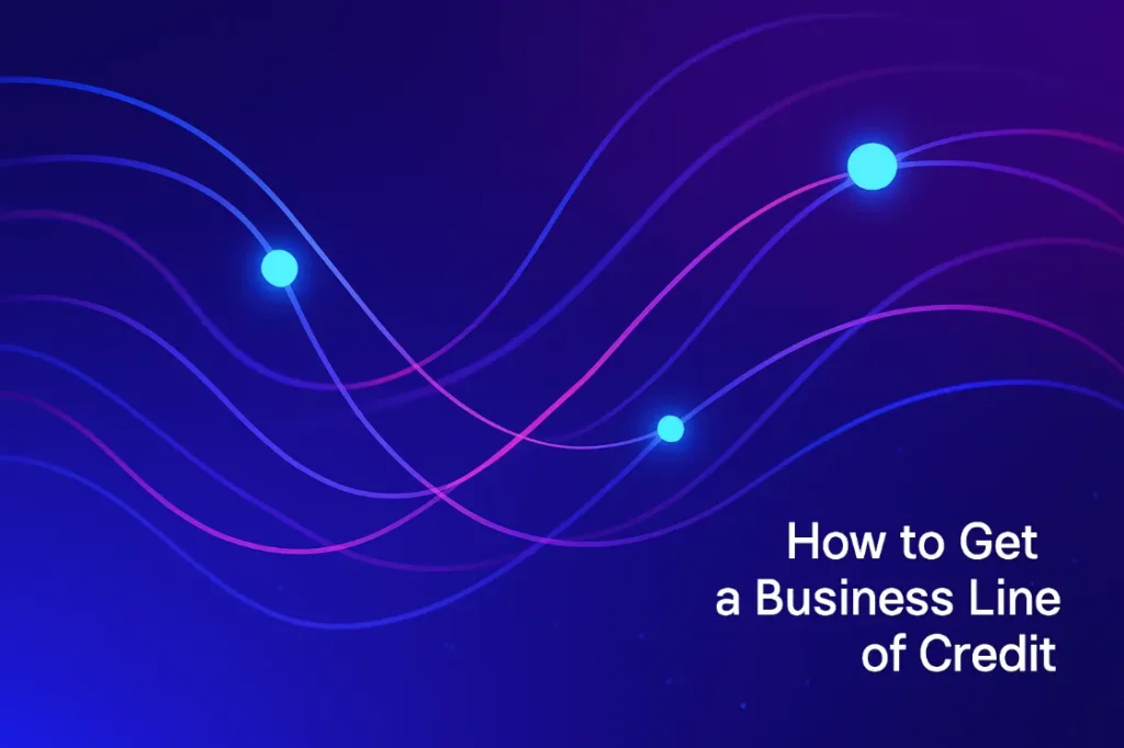 A crisp dark blue backdrop and floating light blue node on red swirl wave lines serving as the graphic to an article titled "How to Get a Business Line of Credit"