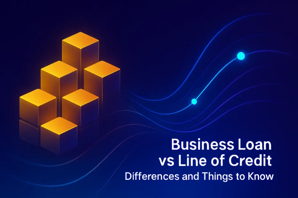 Dark blue backdrop and several golden 3D squares ascending up, depicting the difference between a business loan and a line of credit.