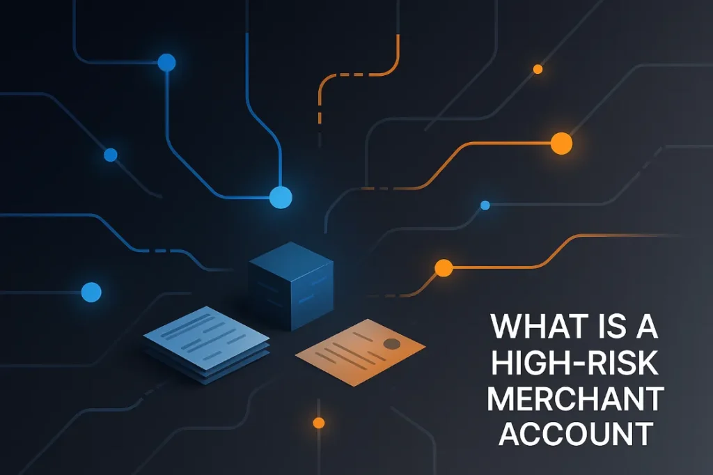 Dark back drop showing hues of blue and orange nodes leading to sheets of paper, depicting what a high risk merchant account is.