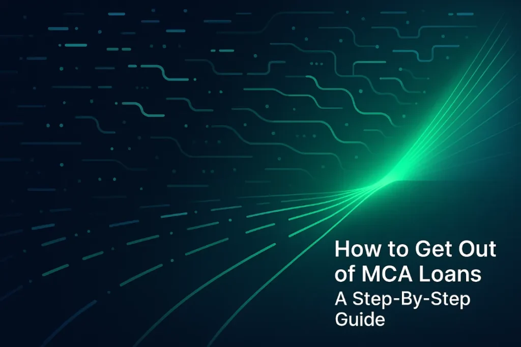 Shimmering green light illuminating a dark blue backdrop. The glimmering light illustrating how to get out of a mca loan.