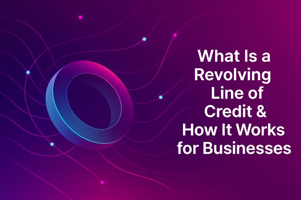 A pinkish purple backdrop with a circular tube depicting a revolving line of credit and how it works for businesses.