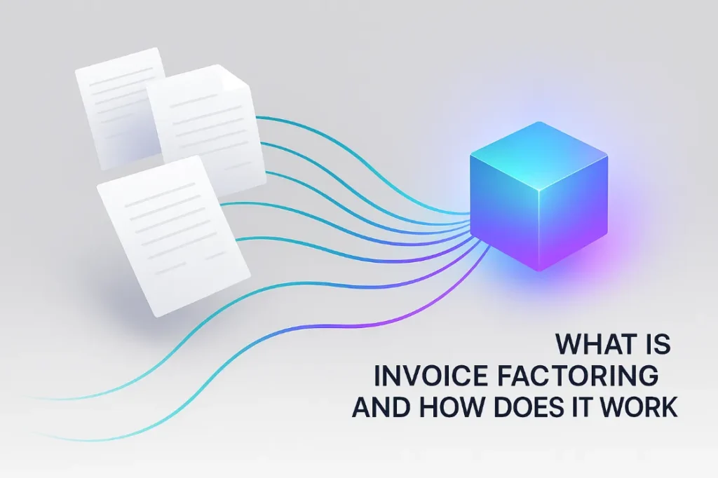 Invoices connected to teal and purple square box, a graphic illustrating the article 'What is Invoice Factoring?'